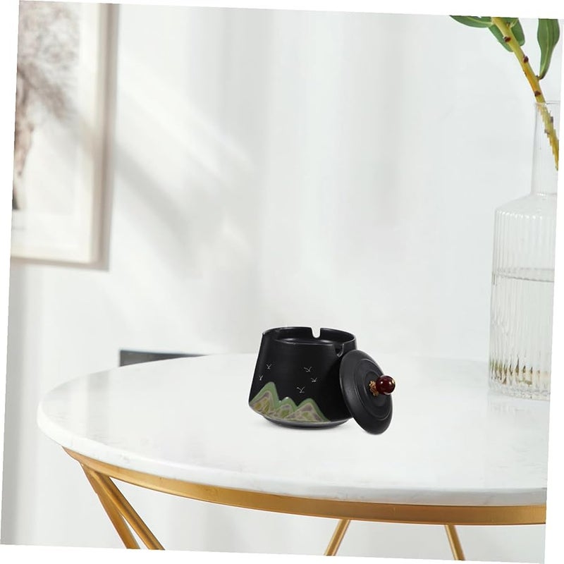 Hand Painted Ceramic Ashtray with Lid Windproof Rustic Design Indoor Outdoor Use - Image 5