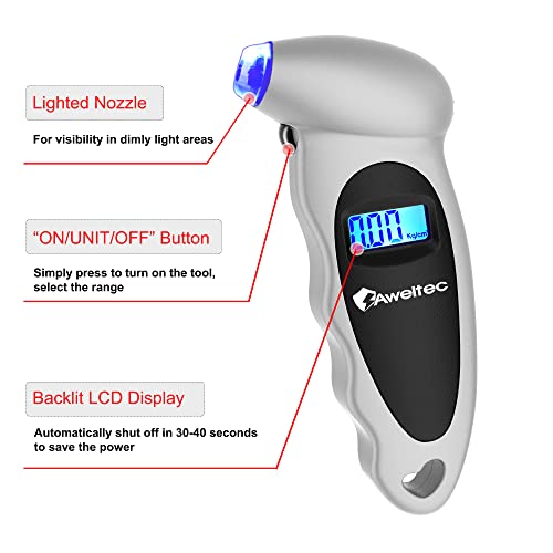 AWELTEC Digital Tire Pressure Gauge 150 PSI, 4 Settings, Tire Gauge for Car, Truck, Motorcycle, Bicycle with Backlit LCD and Non-Slip Grip (Silver) - Image 5