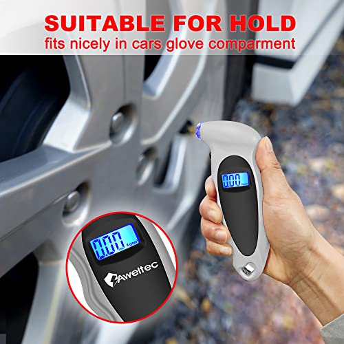 AWELTEC Digital Tire Pressure Gauge 150 PSI, 4 Settings, Tire Gauge for Car, Truck, Motorcycle, Bicycle with Backlit LCD and Non-Slip Grip (Silver) - Image 2