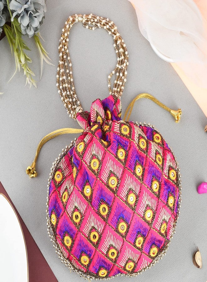 STLYZ Potli Bag For Women, Handmade Traditional Embroidered Potli Handbag Wristlets Ethnic Bridal Potli Batwa Bag For Ladies For Wedding, Return Gifts (Pink) - Image 2