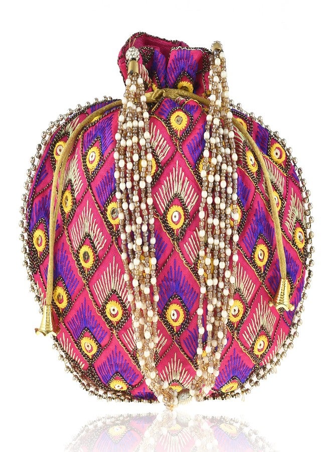 STLYZ Potli Bag For Women, Handmade Traditional Embroidered Potli Handbag Wristlets Ethnic Bridal Potli Batwa Bag For Ladies For Wedding, Return Gifts (Pink) - Image 1