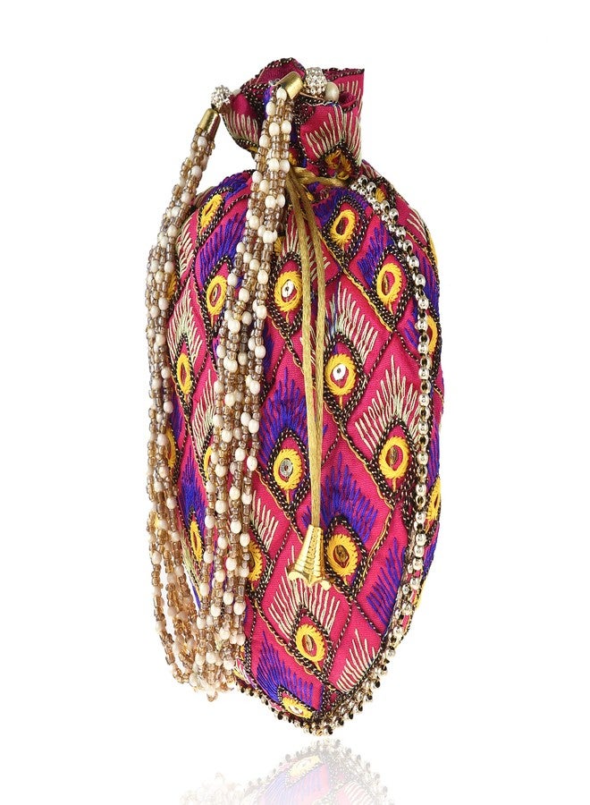 STLYZ Potli Bag For Women, Handmade Traditional Embroidered Potli Handbag Wristlets Ethnic Bridal Potli Batwa Bag For Ladies For Wedding, Return Gifts (Pink) - Image 5