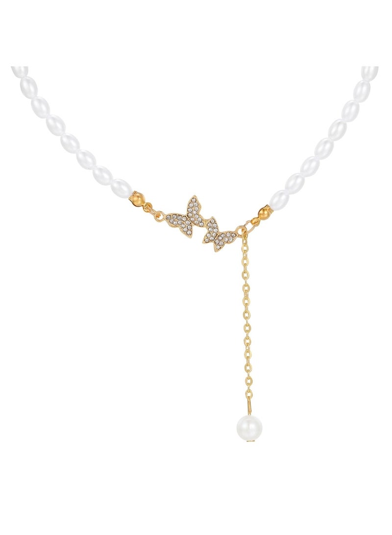 Huitich Pearl Chain Necklace with Crystal Butterfly & Drop Charm Gold Color Tone  - Image 1