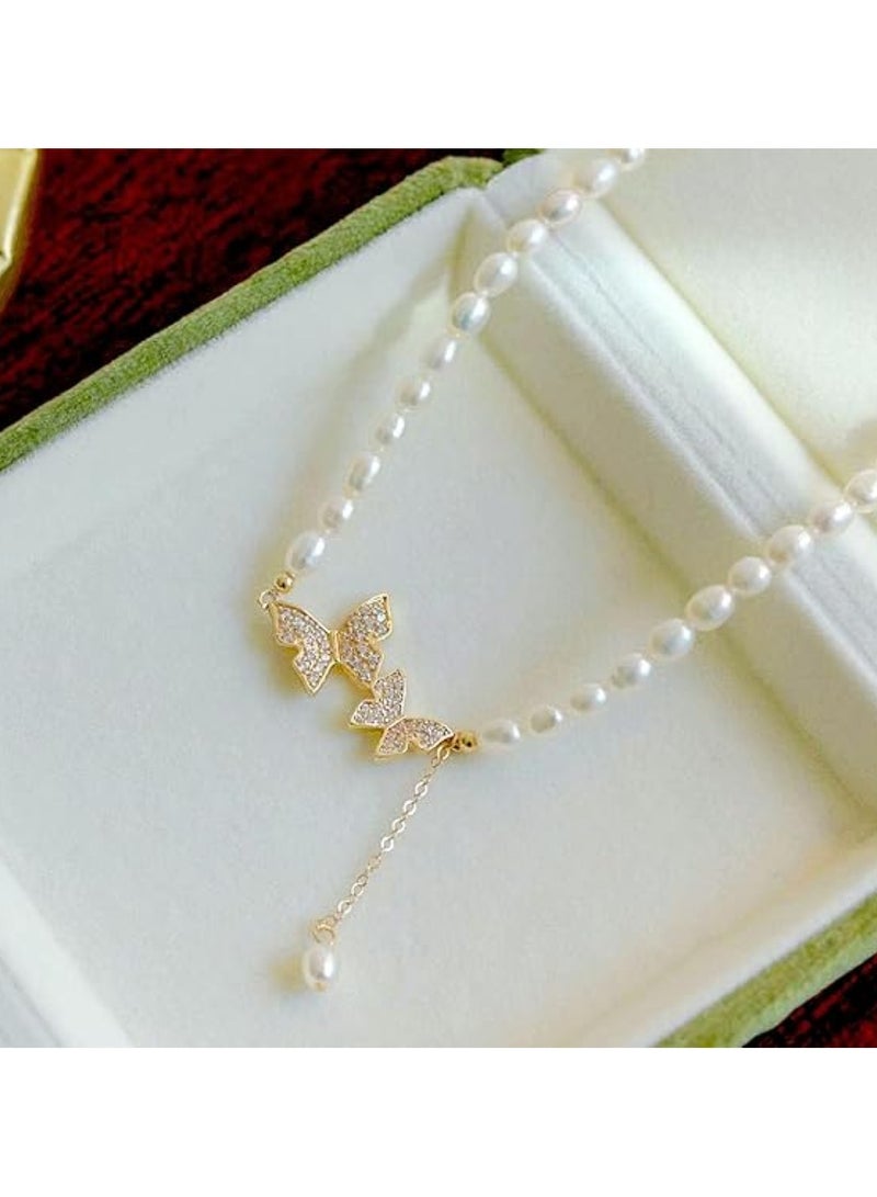 Huitich Pearl Chain Necklace with Crystal Butterfly & Drop Charm Gold Color Tone  - Image 5