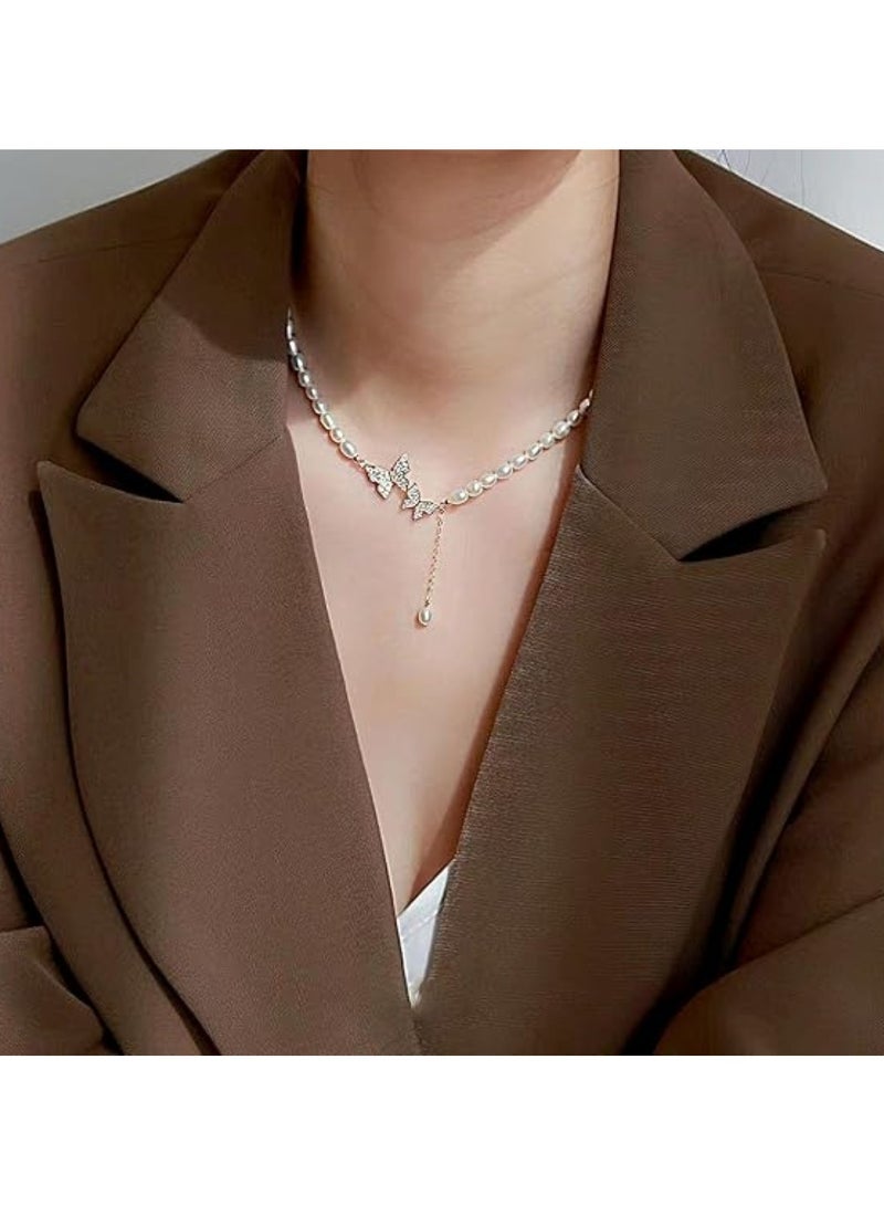 Huitich Pearl Chain Necklace with Crystal Butterfly & Drop Charm Gold Color Tone  - Image 3