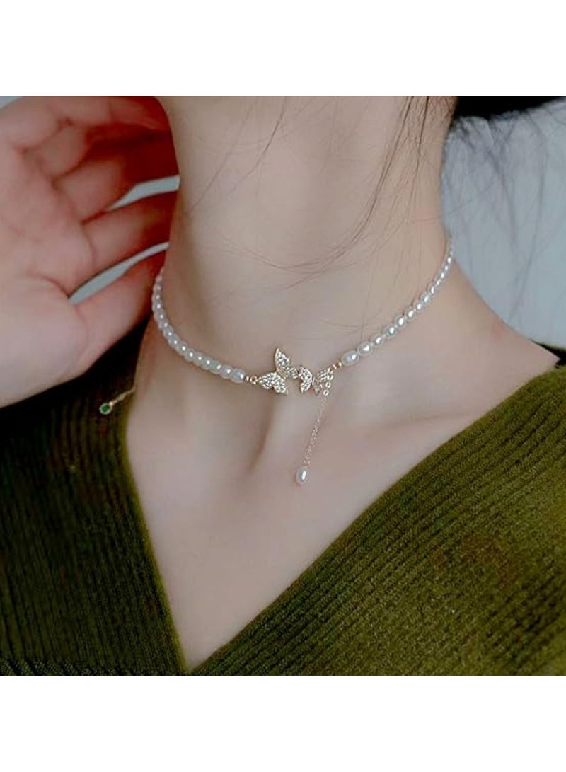 Huitich Pearl Chain Necklace with Crystal Butterfly & Drop Charm Gold Color Tone  - Image 2