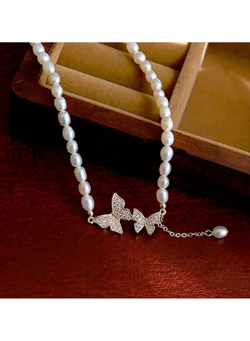 Huitich Pearl Chain Necklace with Crystal Butterfly & Drop Charm Gold Color Tone  - Image 4