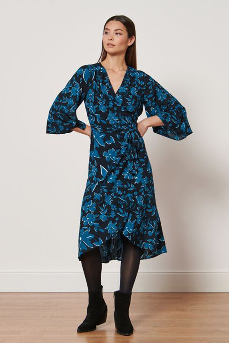 Tchibo فستان ميدي مزخرف بالكامل بحزام للنساء، أزرق - Image 1