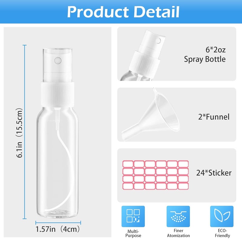 ZZCP Spray Bottles, 4oz/120ml Clear Empty Fine Mist Plastic Mini Travel Bottle Set, Small Refillable Liquid Containers with 2pcs Funnels and 24pcs Labels (6 Pack) - Image 3