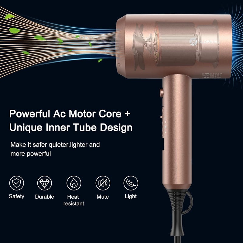 SLOPEHILL Professional Ionic Hair Dryer, Powerful 1800W Fast Drying Low Noise Blow Dryer with 2 Concentrator Nozzle 1 Diffuser Attachments for Home Salon Travel (Mocha Mousse) - Image 2
