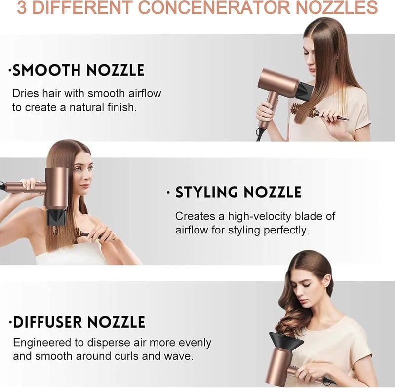 SLOPEHILL Professional Ionic Hair Dryer, Powerful 1800W Fast Drying Low Noise Blow Dryer with 2 Concentrator Nozzle 1 Diffuser Attachments for Home Salon Travel (Mocha Mousse) - Image 3