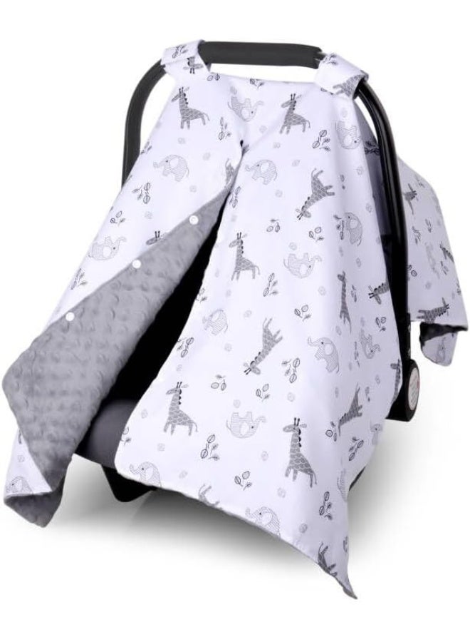 Metplus Minky Car Seat Canopy for Girl Boy, Multiuse Cover for Infant Carseat/Baby Carrier/Stroller/Nursing Breastfeeding/Newborn Shower Gift, Universal Fit with Peekaboo Opening, Elephant Giraffe - Image 1