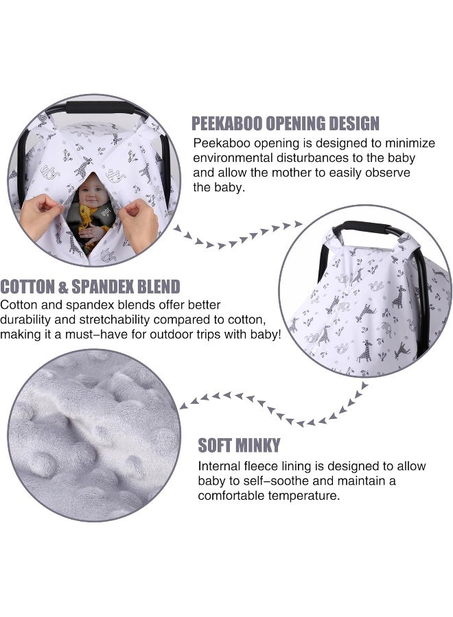Metplus Minky Car Seat Canopy for Girl Boy, Multiuse Cover for Infant Carseat/Baby Carrier/Stroller/Nursing Breastfeeding/Newborn Shower Gift, Universal Fit with Peekaboo Opening, Elephant Giraffe - Image 2