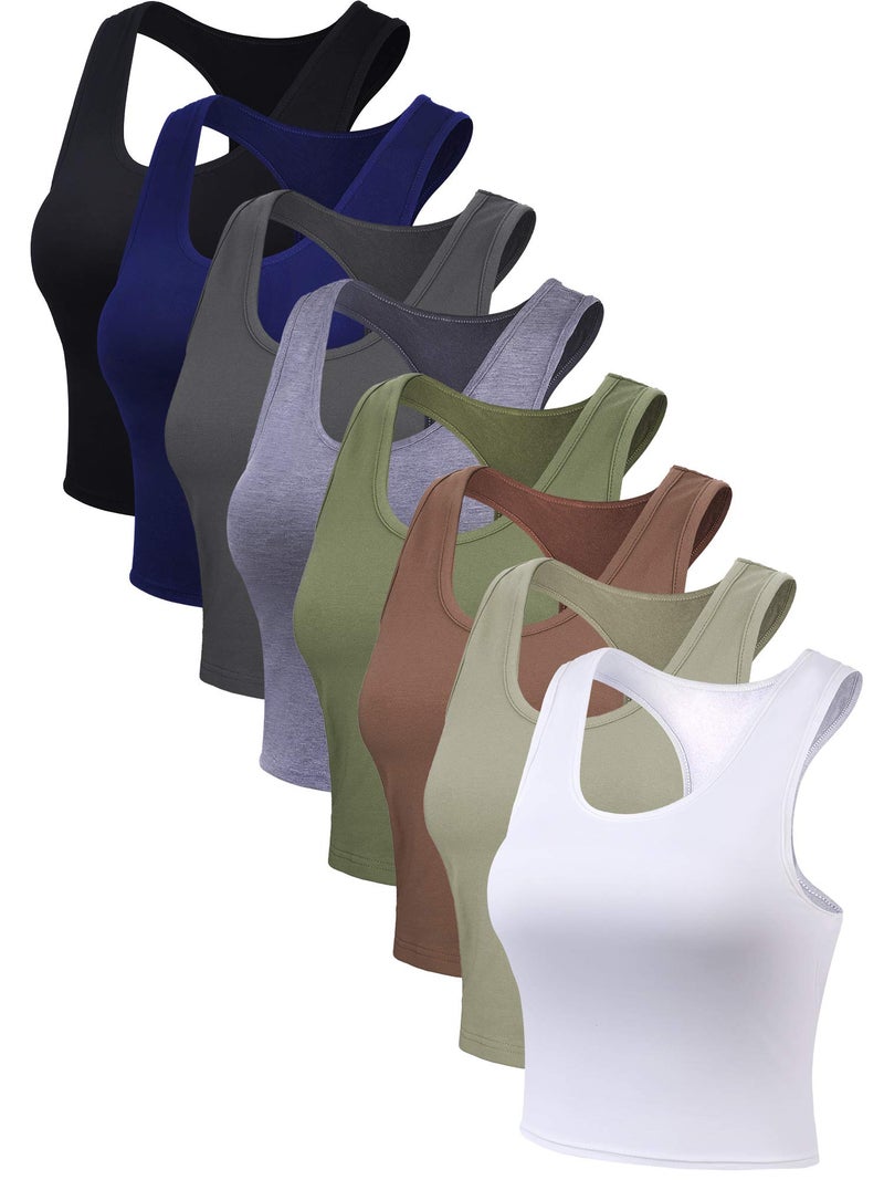 Geyoga 8 Pcs Women Basic Crop Tank Tops Sleeveless Racerback Crop Cotton Top (Gray, Green, Navy, Black, Coffee, White,M) - Image 4