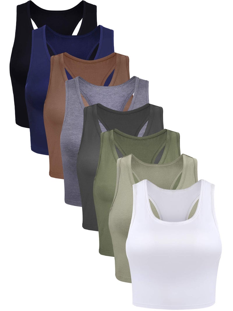 Geyoga 8 Pcs Women Basic Crop Tank Tops Sleeveless Racerback Crop Cotton Top (Gray, Green, Navy, Black, Coffee, White,M) - Image 1