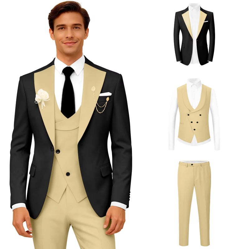 Wangyue Mens Suit Slim Fit 3 Piece Champagne Tuxedo for Men Double Breasted Suits Champagne Prom Tuxedo Suits for Men 2026 Wedding Groom Suit Small Tux Set - Image 4