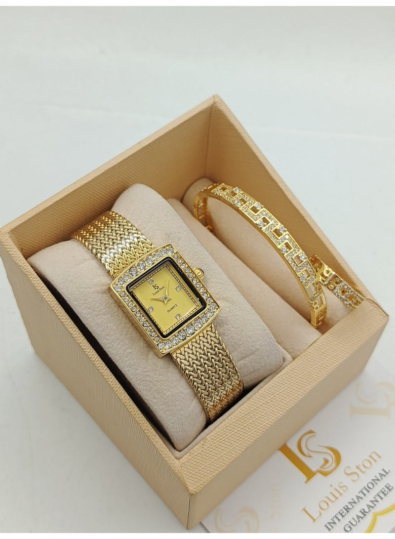Louis Ston High-quality, waterproof women's watch gift set with an elegant bracelet and premium packaging box - gold strap with a gold dial