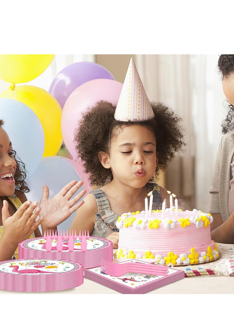 80 PCS Pink Dinosaur Party Supplies Birthday Tableware Set for Girls Plates Napkins Forks Decorations for Favors - Image 2