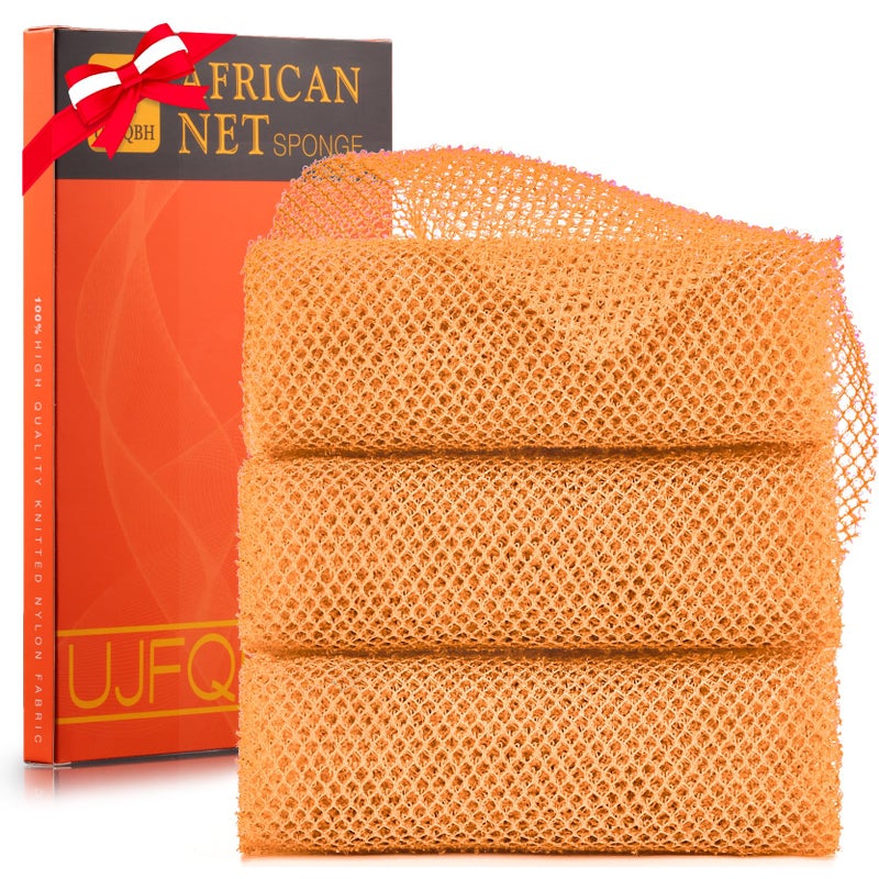 UJFQBH 3 Pieces African Bath Sponge African Net Long Net Bath Sponge Exfoliating Shower Body Scrubber Back Scrubber Skin SmootherGreat for Daily Use YellowYellowYellow