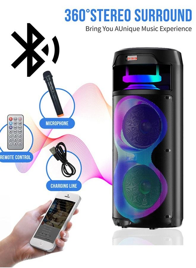 Generic - Portable Bluetooth Speaker 40W Wireless Speaker with Double 8 Inch Full Range Stereo Sound Mixed Color LED Lights Remote Supports TWS USB TF AUX Loud Speaker for Travel Home Party - Image 1