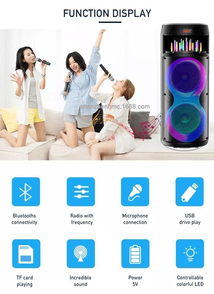 Generic - Portable Bluetooth Speaker 40W Wireless Speaker with Double 8 Inch Full Range Stereo Sound Mixed Color LED Lights Remote Supports TWS USB TF AUX Loud Speaker for Travel Home Party - Image 1