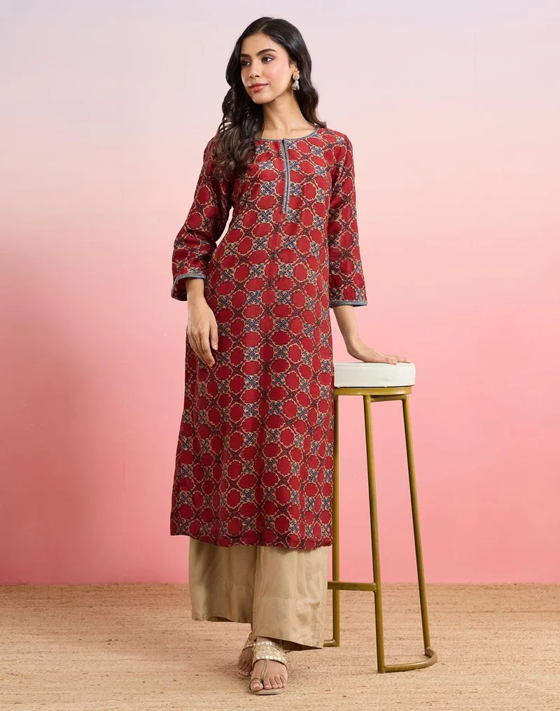 Maroon Cotton Silk Ajrakh Printed Long Kurta