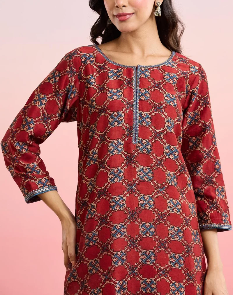 Fabindia  Maroon Cotton Silk Ajrakh Printed Long Kurta for Women | Best Price UAE