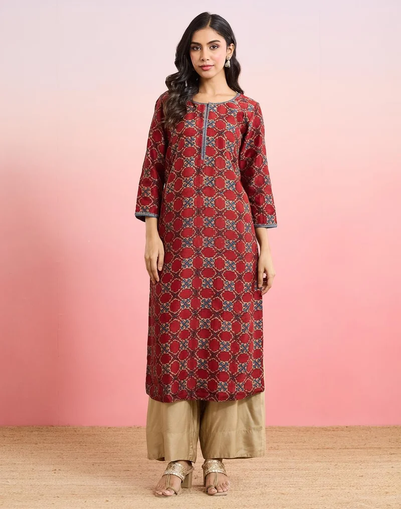 Fabindia  Maroon Cotton Silk Ajrakh Printed Long Kurta for Women | Best Price UAE