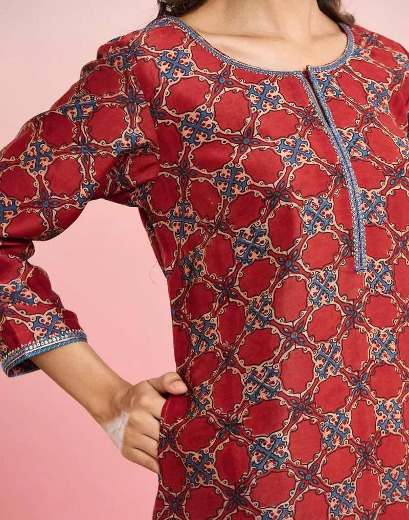 Fabindia  Maroon Cotton Silk Ajrakh Printed Long Kurta for Women | Best Price UAE