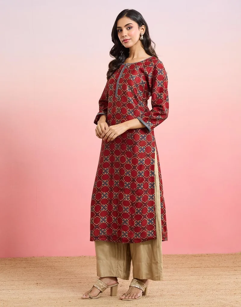 Fabindia  Maroon Cotton Silk Ajrakh Printed Long Kurta for Women | Best Price UAE