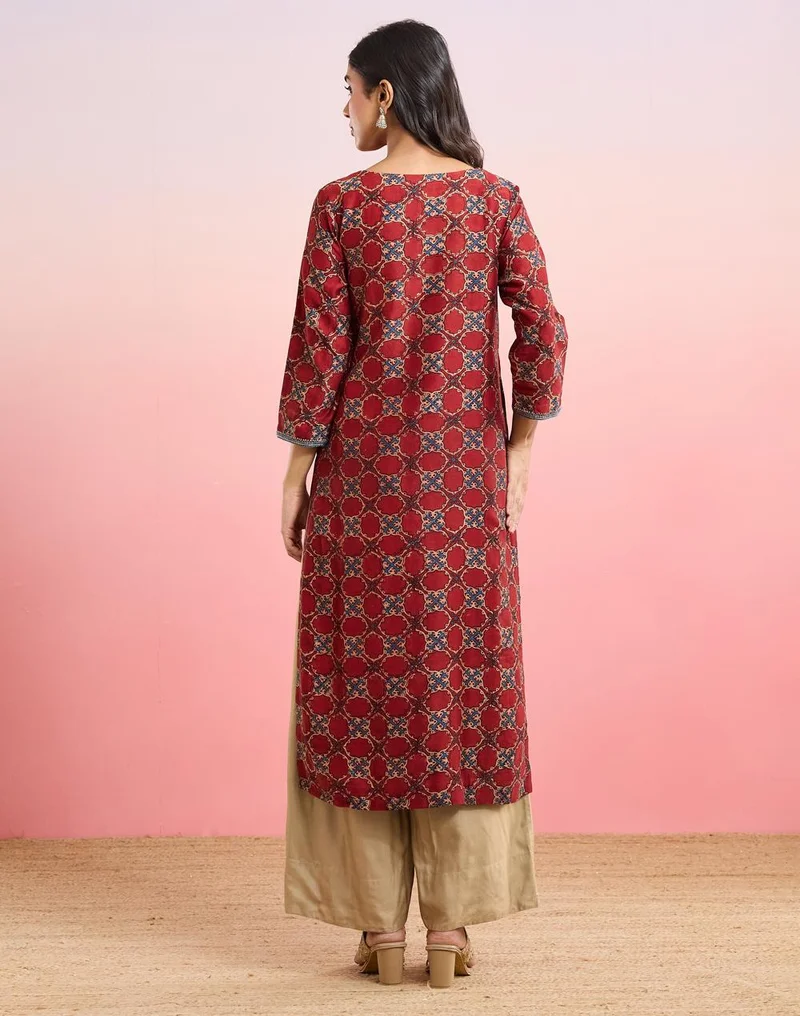 Fabindia  Maroon Cotton Silk Ajrakh Printed Long Kurta for Women | Best Price UAE