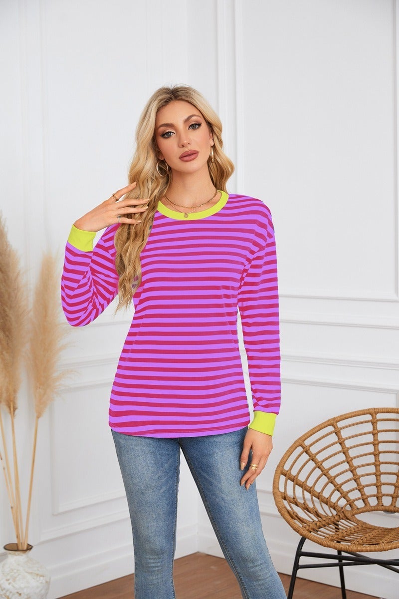 Women's Striped Round Neck Long Sleeve Casual Sweatshirt - Comfortable Fall Pullover Top - Image 1