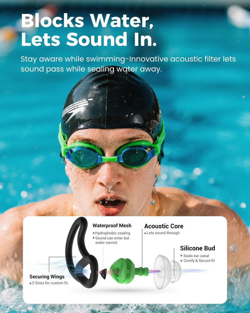 Hearprotek Ear Plugs for Swimming–2 Pairs Soft Silicone Reusable Waterproof Earplugs for Adults & Men Women, Custom Fit for Swimmers Ear, Pool, Beach, Snorkeling, Surfing, Kickboard Training(Green) - Image 2