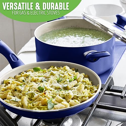 GreenLife Sandstone Healthy Ceramic Nonstick, 15 Piece Kitchen Cookware Pots and Frying Sauce Pans Set, PFAS- Free, Dishwasher Safe, Blue - Image 4