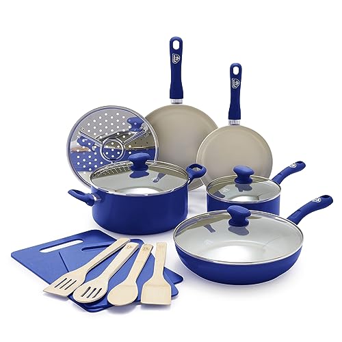 GreenLife Sandstone Healthy Ceramic Nonstick, 15 Piece Kitchen Cookware Pots and Frying Sauce Pans Set, PFAS- Free, Dishwasher Safe, Blue - Image 1