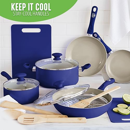 GreenLife Sandstone Healthy Ceramic Nonstick, 15 Piece Kitchen Cookware Pots and Frying Sauce Pans Set, PFAS- Free, Dishwasher Safe, Blue - Image 3