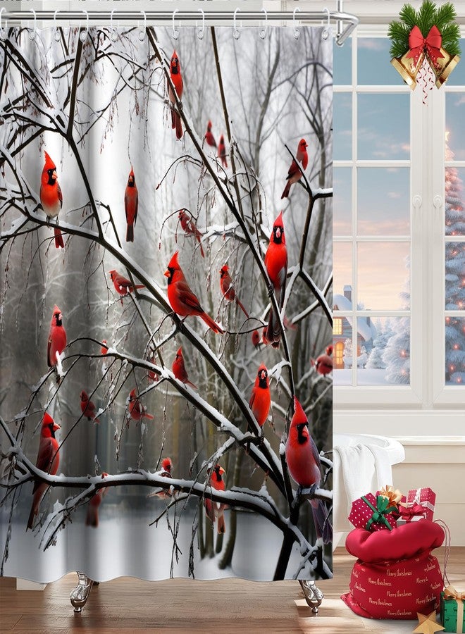 Final Friday Forest Tree Shower Curtains Cute Cardinal Birds on Branch Theme Cloth Fabric Bathroom Decor Sets with Hooks Waterproof Washable 72 x 72 inches Red White and Brown - Image 1