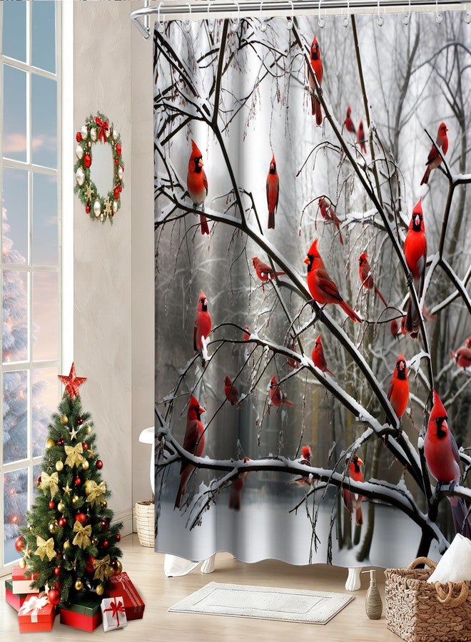 Final Friday Forest Tree Shower Curtains Cute Cardinal Birds on Branch Theme Cloth Fabric Bathroom Decor Sets with Hooks Waterproof Washable 72 x 72 inches Red White and Brown - Image 2