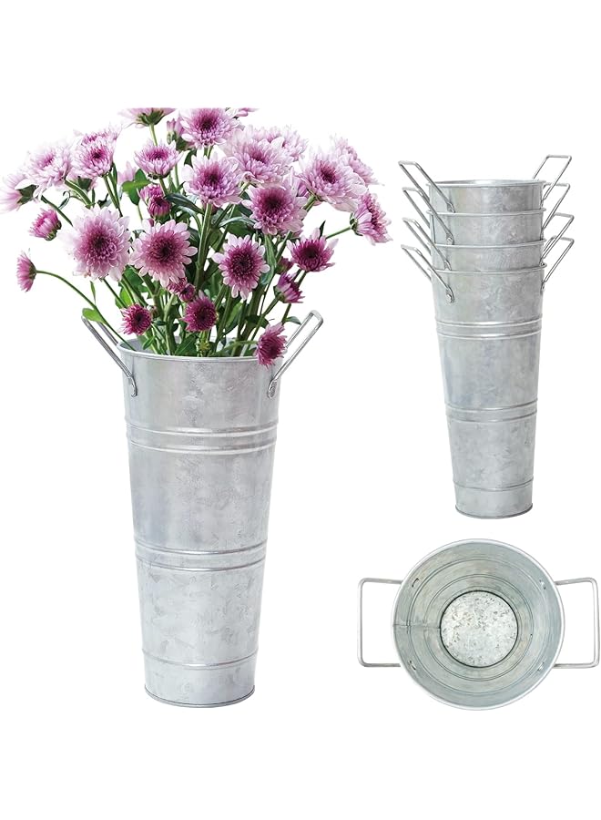 The Bros مزهرية معدنية مجلفنة دلو فرنسي مزهريات زهور 9 بوصة، مجموعة من 4 - حامل زهور معدني بأسلوب ريفي لتزيين المنزل وزينة مركز الطاولة في حفلات الزفاف (9 بوصة مجموعة من 4) - Image 1