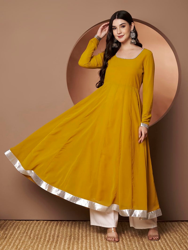 KZA Women's Georgette Hand Embroidered Flared Anarkali Kurta Suit with Full Sleeves for Ethnic Wear Yellow - Image 2