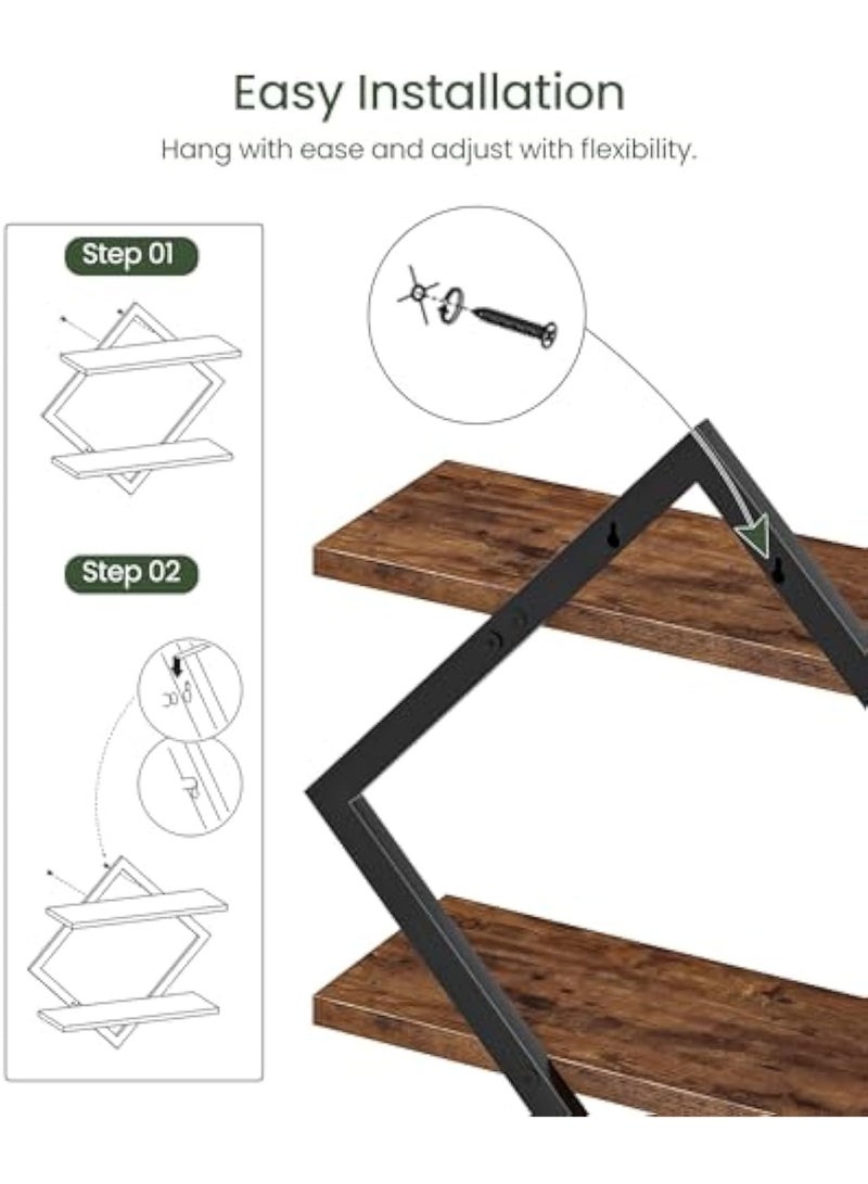 Arabest Floating Shelves, Set of 2 Wall Shelves, 2-Tier Hanging Shelves, Wall Shelf Set of 2, Wall Mounted Shelves, for Living Room, Bedroom, Kitchen, Office, Study, Rustic Brown - Image 4