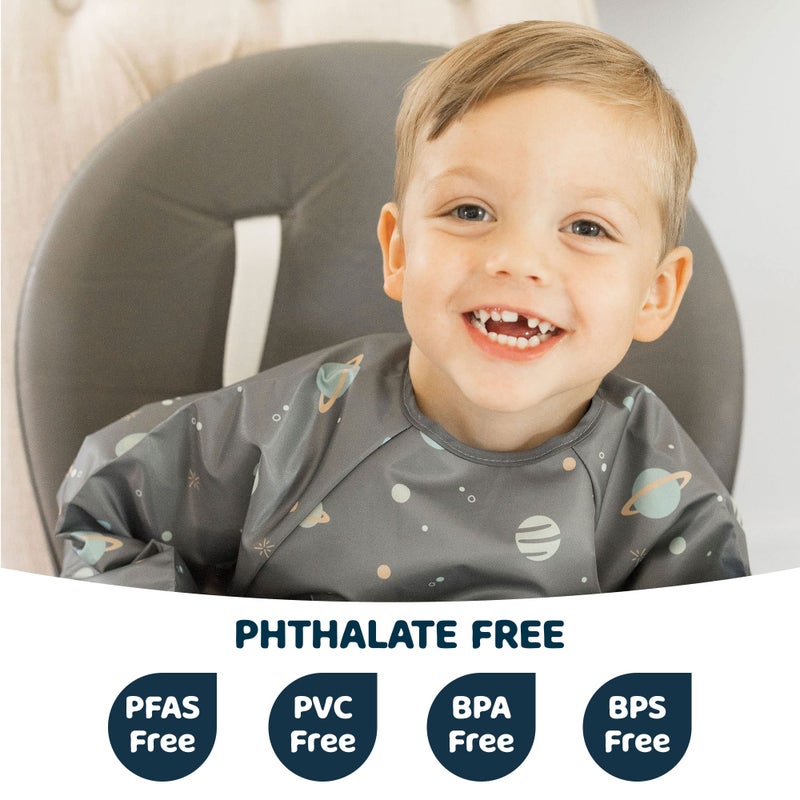 Tiny Twinkle مريلة أطفال مضادة للفوضى من تايني توينكل، زي مريلة كامل الأكمام لطيف، مريلة مقاومة للماء للأطفال الصغار، قابلة للغسل في الغسالة، إغلاق مقاوم للشد، مريلة للأطفال أثناء الأكل، بأكمام طويلة (فضاء، صغير 6-24 شهر) - Image 2