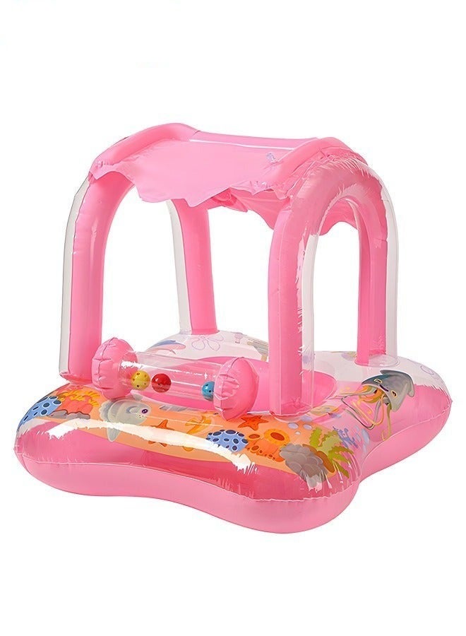 DURKU Inflatable Baby Pool Float with Sun Canopy, Cartoon Patterns and Bells, Safety Seat and Comfortable Infant Floaty, Fun Water Toys for Kids, Suitable for Family Swimming Pools, Outdoor Trips, Lakes a - Image 1