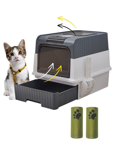 Cat Litter Box Large with Easy Entry & Exit, Spacious and Easy to Clean Cat Box for All Cat Sizes, Long-Lasting Large Cat litter Box with Lid, 2 Trash Bags & 1 Cat Litter Scoop Included - Grey