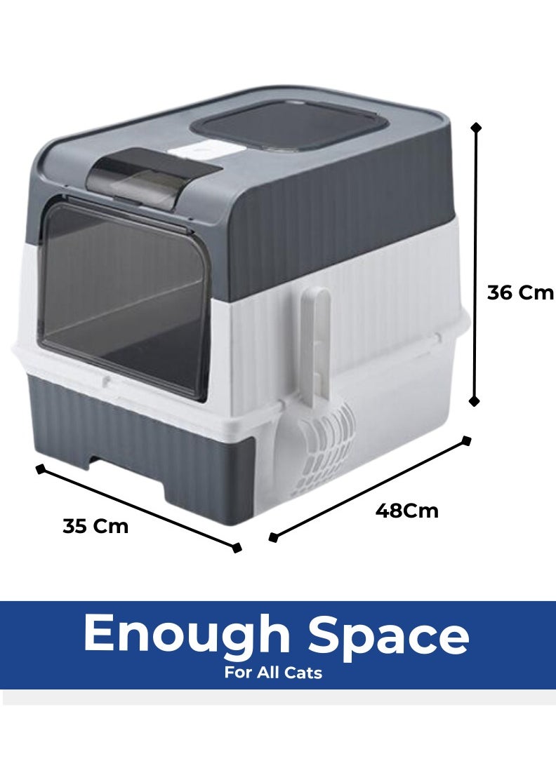 Horizon - Cat Litter Box Large with Easy Entry & Exit, Spacious and Easy to Clean Cat Box for All Cat Sizes, Long-Lasting Large Cat litter Box with Lid, 2 Trash Bags & 1 Cat Litter Scoop Included - Grey - Image 1