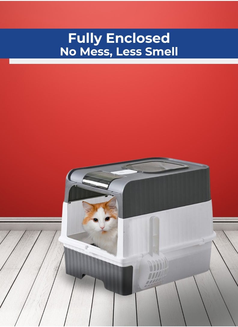 Horizon - Cat Litter Box Large with Easy Entry & Exit, Spacious and Easy to Clean Cat Box for All Cat Sizes, Long-Lasting Large Cat litter Box with Lid, 2 Trash Bags & 1 Cat Litter Scoop Included - Grey - Image 1