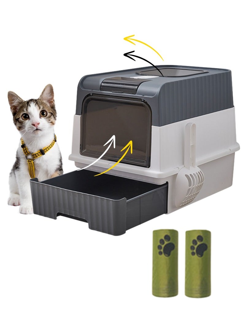 Horizon - Cat Litter Box Large with Easy Entry & Exit, Spacious and Easy to Clean Cat Box for All Cat Sizes, Long-Lasting Large Cat litter Box with Lid, 2 Trash Bags & 1 Cat Litter Scoop Included - Grey - Image 1