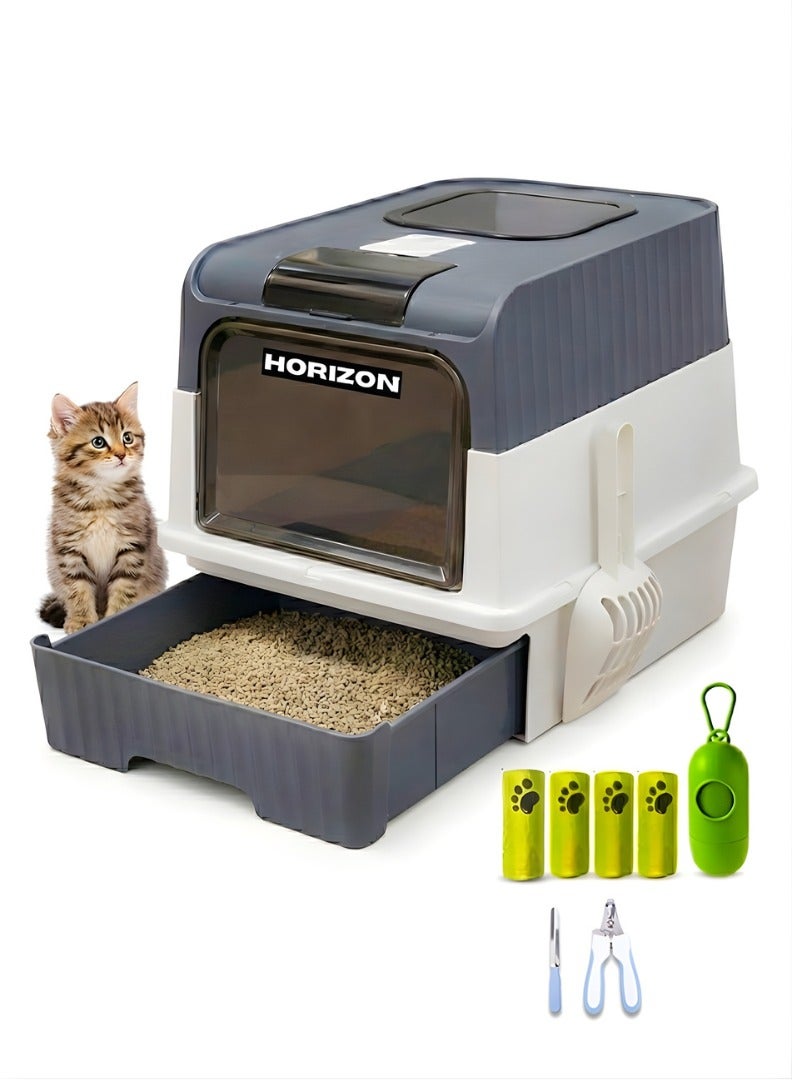 Horizon Cat Litter Box Large with Easy Entry & Exit, Spacious and Easy to Clean Cat Box for All Cat Sizes, Long-Lasting Large Cat litter Box with Lid, 2 Trash Bags, 1 Nail Cutter & 1 Cat Litter Scoop Included - Grey - Image 1