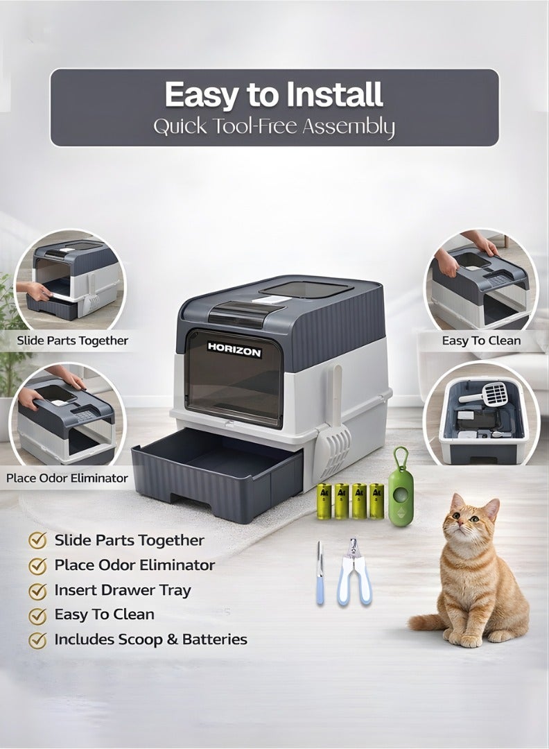 Horizon Cat Litter Box Large with Easy Entry & Exit, Spacious and Easy to Clean Cat Box for All Cat Sizes, Long-Lasting Large Cat litter Box with Lid, 2 Trash Bags, 1 Nail Cutter & 1 Cat Litter Scoop Included - Grey - Image 2