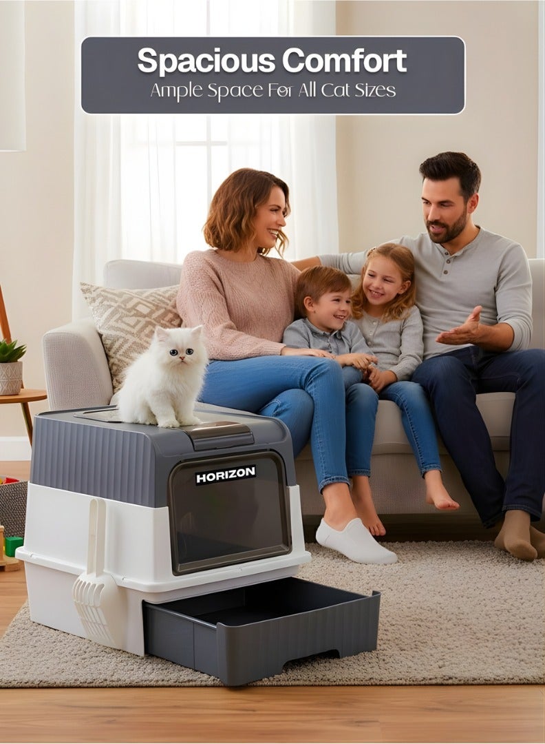 Horizon Cat Litter Box Large with Easy Entry & Exit, Spacious and Easy to Clean Cat Box for All Cat Sizes, Long-Lasting Large Cat litter Box with Lid, 2 Trash Bags, 1 Nail Cutter & 1 Cat Litter Scoop Included - Grey - Image 3